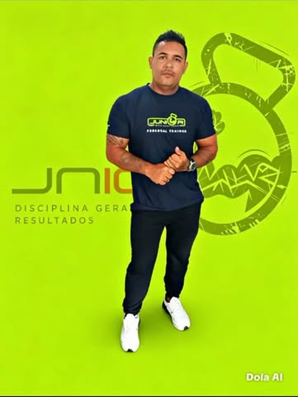 Evandro Junior com a camiseta da marca Junior Personal Trainer